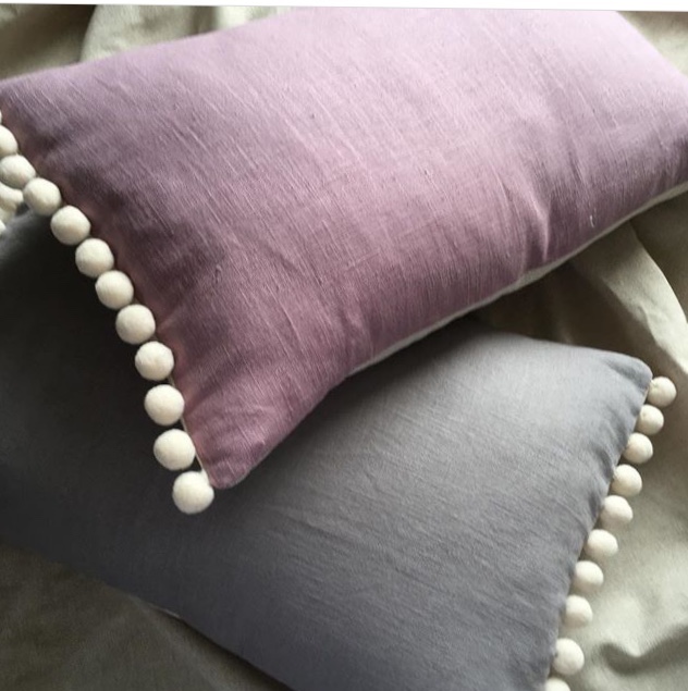 Grey Linen Cushion with Pom Pom Trim Love Tuppence